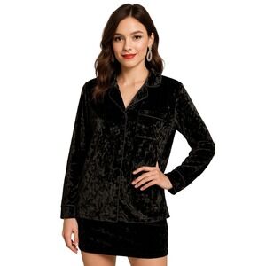 Nicole Miller Women's Medium Black Velvet Top Shirt Button Front Pocket MSRP $58